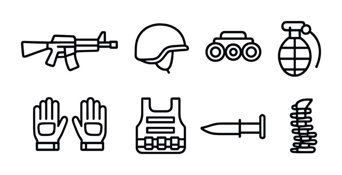 Infantry Equipment Icons. Outline icon set of infantry equipment: assault rifle, helmet, night vision, grenade