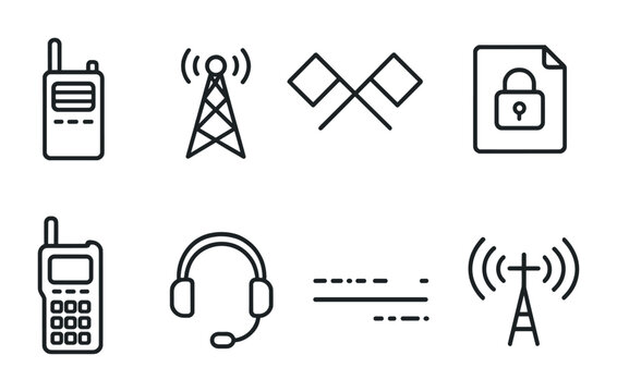 Military Communication Icons. Outline icon set of military communication: walkie-talkie, radio tower, signal