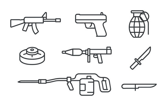 Modern Warfare Icons. Outline icon set of weapons of war: rifle, pistol, machine gun, grenade, RPG, landmine,