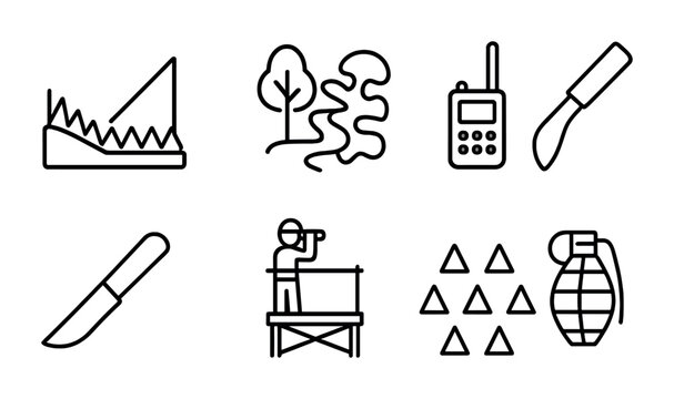 Guerrilla Warfare Icons. Outline icon set of guerrilla warfare: trap, jungle path, camouflage, machete, radio,