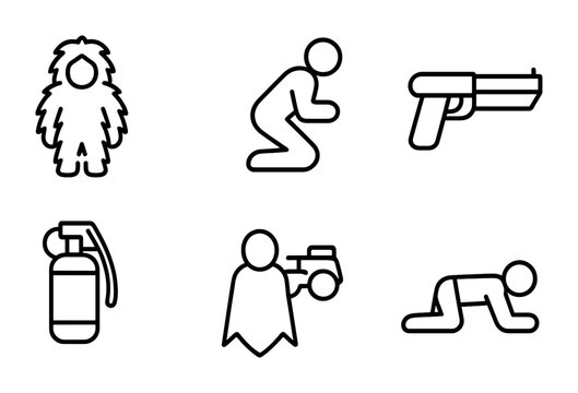 Stealth Icon Set. Outline icon set of camouflage and stealth: ghillie suit, shadow icon, footprint, silenced
