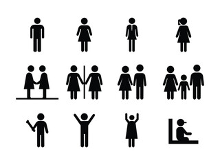 Diverse stick figure representations of people, depicting family, gender and activity in simple, clean style