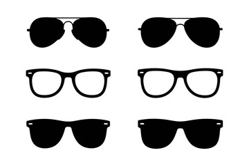 Collection of six different styles of eyewear including sunglasses and eyeglasses shown in black