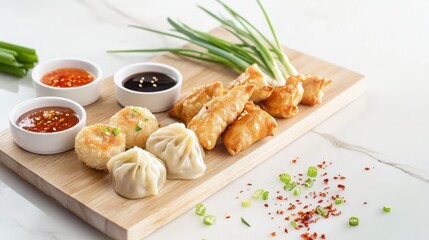 Assorted dumplings and spring rolls with dipping sauces on platter  