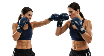 Strong female boxer in action, wearing blue boxing gloves on on transparent background