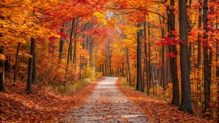 Fototapeta premium Vibrant autumn forest path bathed in golden sunlight