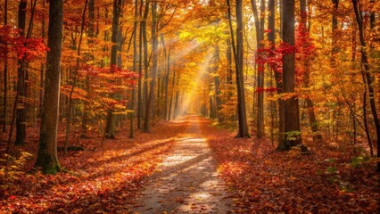 Obraz premium Sunlight streams through autumn forest path