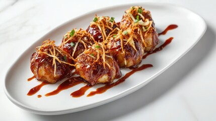 Delicious takoyaki balls drizzled with sauce on a white plate  