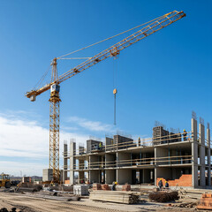 building under construction. construction site with crane. Crane and building construction site against blue sky.