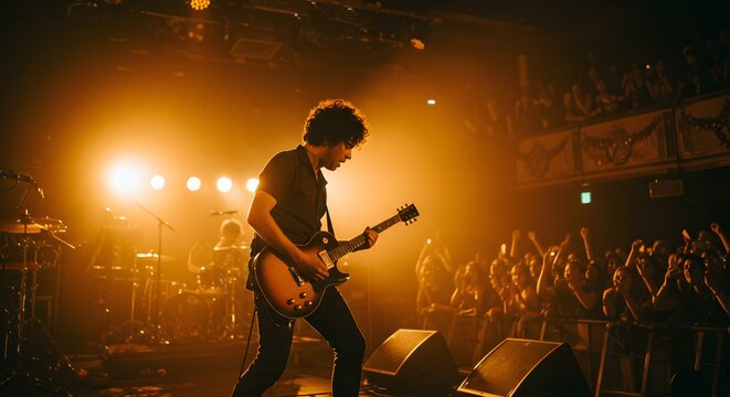Musician playing guitar on stage