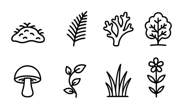 Forest Flora Icons. Outline icon set of forest flora: moss, fern, lichen, shrub, fungus, vine, grass,