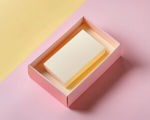 Minimalist gift box with cream-colored item on pink background  