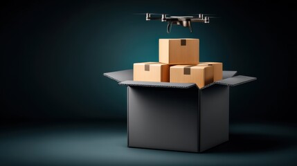 Drone delivery action unfolds inside a package modern warehouse digital imagery futuristic environment aerial view logistics concept