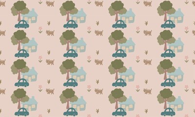 Seamless Pattern with Cars, Houses, Trees, Cats and Flowers in Earth Tone