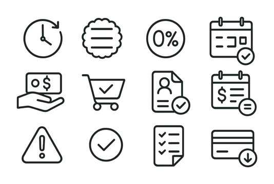 Buy Now Pay Later Icons. Outline icon set of buy now pay later: pay later icon, installment badge,
