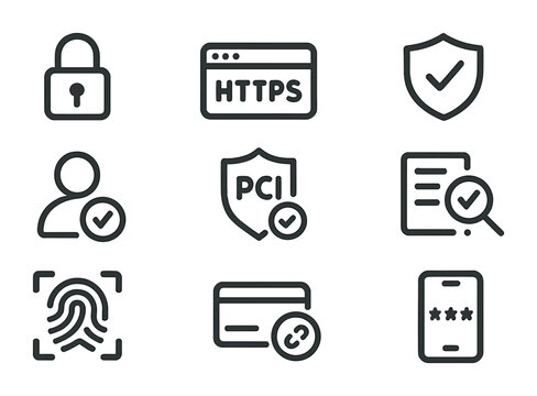 Secure Checkout Icons. Outline icon set of secure online checkout: padlock icon, HTTPS bar, secure connection,