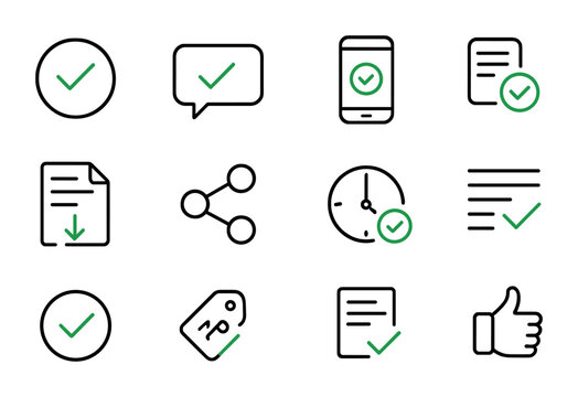 Payment Confirmation Icons. Outline icon set of payment confirmation: green checkmark, SMS alert, email