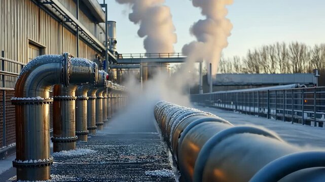 Industrial pipes emitting steam at outdoor factory with sunset lighting