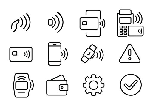 Contactless Payment Icons. Outline icon set of contactless payments: tap symbol, proximity icon, RFID signal,