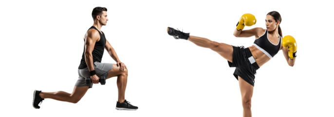 Fitness with Man Lifting Dumbbells and Woman Kicking in Boxing Gloves on White on transparent background