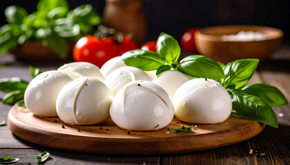 Close-up of tomatoes, basil, and mozzarella cheese arranged on a wooden board