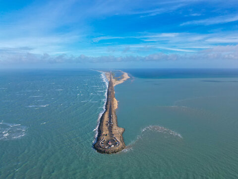 Aerial drone view of Danushkodi in Rameswaram, Tamil Nadu, India.