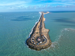 Aerial drone view of Danushkodi in Rameswaram, Tamil Nadu, India.