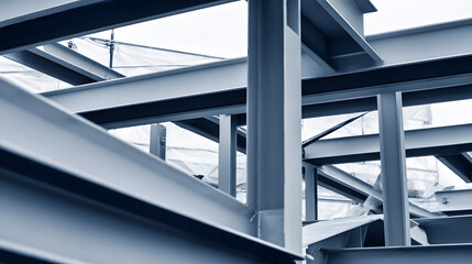 Industrial metal beams forming an abstract geometric composition in a construction setting with cool steel tones.