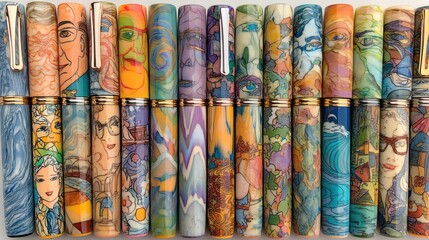 Artistic pens display creative showcase stationery colorful environment close-up view unique designs for collectors