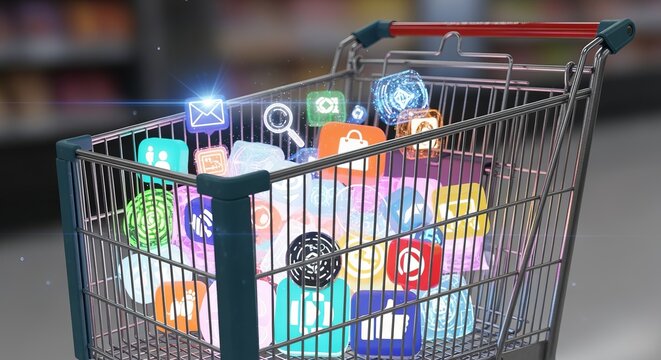 A shopping cart filled with various social media icons and symbols in a blurred background setting - Powered by Adobe