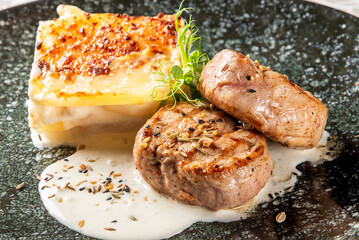 Grilled meat medallions with herbs served alongside creamy potato gratin on a speckled plate, garnished with fresh greens and sauce.
