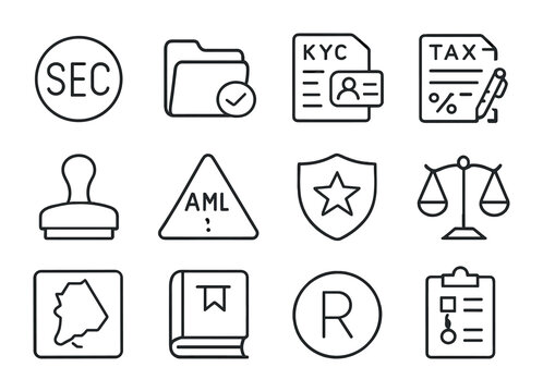 Crypto Regulation Icons. Outline icon set of crypto regulation: SEC logo, compliance folder, KYC document, tax
