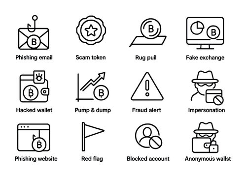 Crypto Fraud Icons. Outline icon set of crypto fraud and risks: phishing email, scam token, rug pull, fake