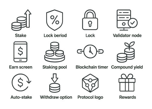 Staking Platforms Icon Set. Outline icon set of staking platforms: stake icon, APY badge, lock period,