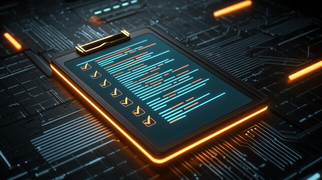 Futuristic Digital Clipboard with Code and Checkmark for Mobile App Development Success in AI and Business | Abstract Tech Circuit Design