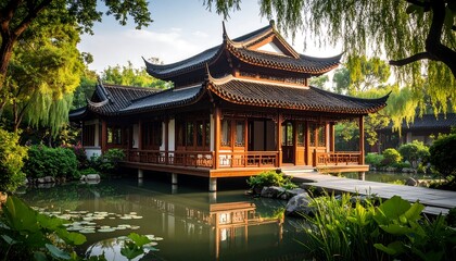 Obraz premium Tranquil wooden pavilion on a pond, nestled within lush greenery, reflecting in still water