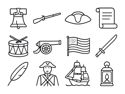 American Revolution Icons. Outline icon set of American Revolution: liberty bell, musket, tri-corner hat,