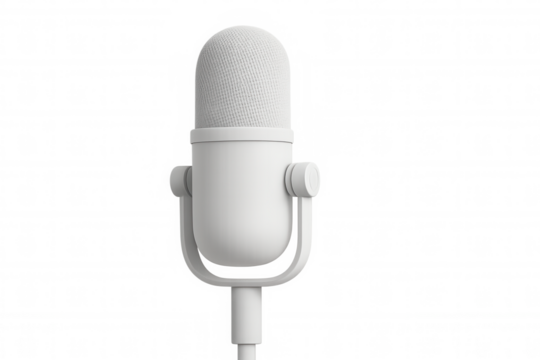 White studio microphone on a transparent background, perfect for projects related to broadcasting, podcasting, streaming, and audio recording