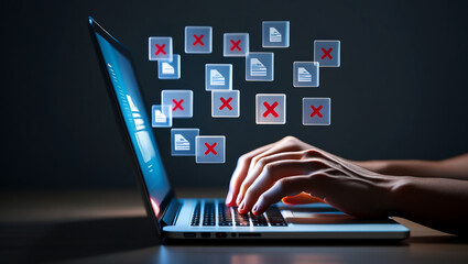 Person typing on laptop with digital files and red X symbols floating above data entry computer