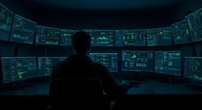 Hacker in dark room with glowing code on screens