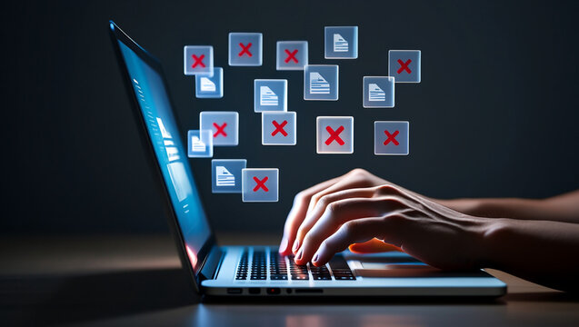 Person typing on laptop with digital files and red X symbols floating above data entry computer