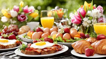 Delicious breakfast spread featuring eggs fruits and pastries in a garden setting culinary photography outdoor dining