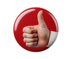 Thumbs up hand gesture on glossy red circular badge symbolizes approval, positivity, and encouragement, suitable for feedback, rating, or recommendation concepts