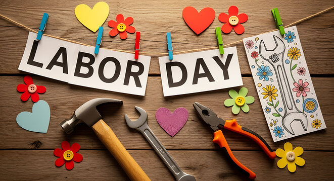 Labor Day tools flowers and decorations on a rustic wooden background