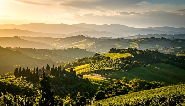 Scenic Tuscan hills at sunset - Powered by Adobe