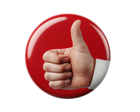Thumbs up hand gesture on glossy red circular badge symbolizes approval, positivity, and encouragement, suitable for feedback, rating, or recommendation concepts