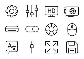 Game Settings Icons. Outline icon set of game settings: gear icon, audio bar, resolution icon, graphics card,