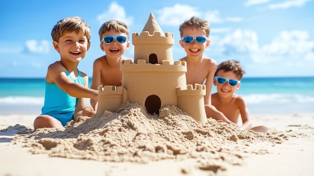 Children building magnificent sandcastle on sunny beach during summer vacation - Powered by Adobe