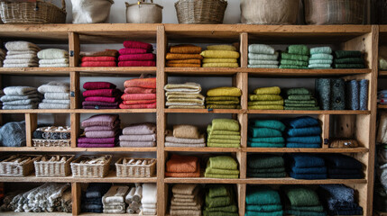 Color organized folded knitwear on wooden store shelves with wool sweaters and baskets, cozy retail display in a boutique