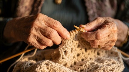 Elderly hands skillfully knitting a textured fabric with wooden needles